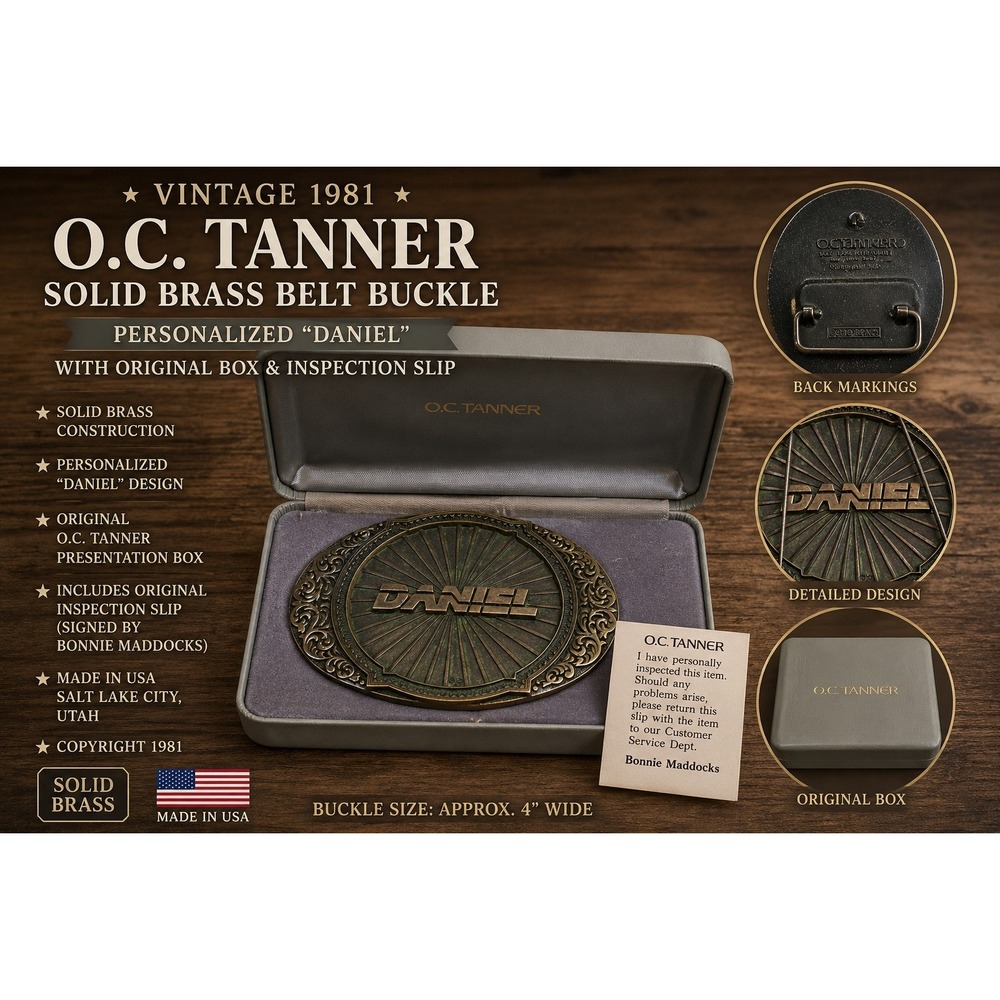 Vintage 1981 OC Tanner Solid Brass Belt Buckle Daniel Personalized Boxed USA